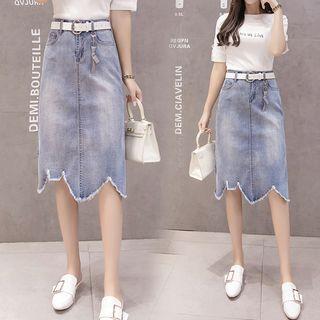 Washed Asymmetrical Hem Denim Skirt