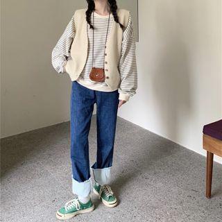Striped Sweatshirt / Button Vest / Straight Leg Jeans