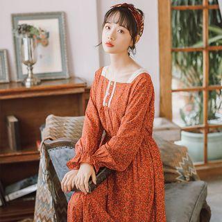Floral Square-neck Long-sleeve Midi A-line Dress