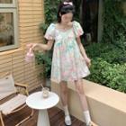Short-sleeve Floral A-line Dress Floral - Green & Pink - One Size
