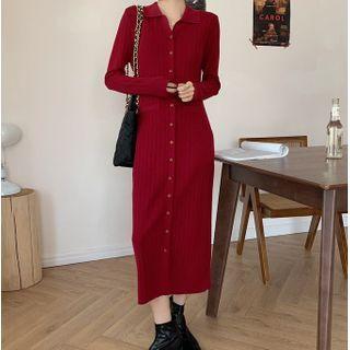 Long-sleeve Button-up Midi Sheath Knit Dress