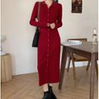 Long-sleeve Button-up Midi Sheath Knit Dress