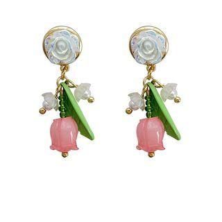 Flower Resin Faux Pearl Alloy Dangle Earring 1 Pair - Pink & Green & Gold - One Size