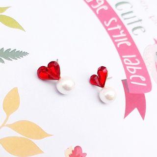 Faux Pearl Rhinestone Heart Earring