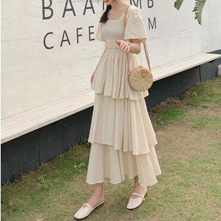 Shirred Short-sleeve Midi Tiered Dress