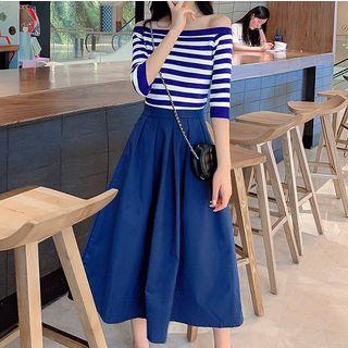 Striped Off-shoulder Elbow-sleeve Knit Top / High-waist Midi A-line Skirt / Set