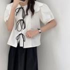 Puff-sleeve Peter Pan-collar Bow Panel Blouse / High-waist Plain Skirt