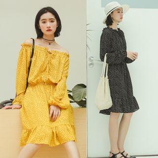 Dotted Off-shoulder Long-sleeve Dress