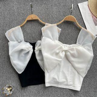 Suspender Square-neck Bow Cropped Top