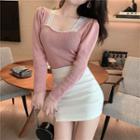 Long-sleeve Faux Pearl Lace Trim Knit Top