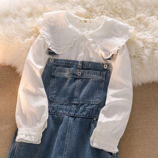 Collared Blouse / Denim Mini A-line Overall Dress