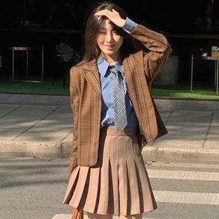 Plaid Blazer / Pleated Skirt / Tie / Shirt / Set