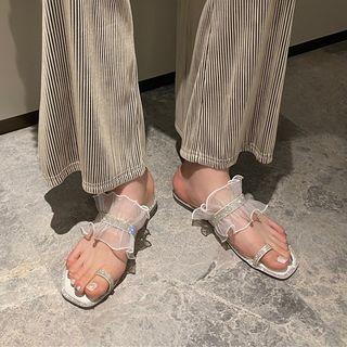 Mesh Ruffled Rhinestone Slide Sandals