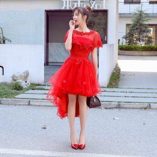 Lace Short Sleeve Dip Back Bridesmaid Dress