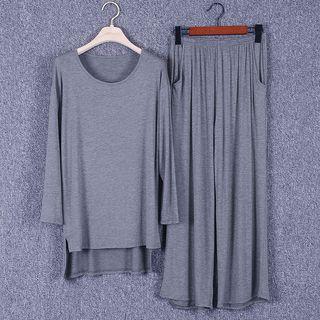Set: Long-sleeve U-neck Top + Long Pants / Cropped Pants