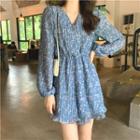 Long-sleeve Floral Print Mini A-line Dress Blue - One Size