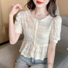 Puff-sleeve Shirred Ribbed Blouse