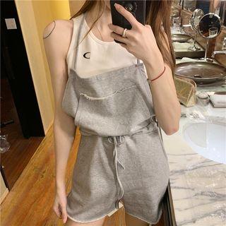 Moon Embroidered Tank Top / Drawstring Waist Plain Playsuit