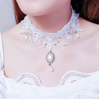 Beaded Pendant Lace Choker White - One Size