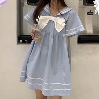 Bow-detail Sailor-collar Short-sleeve Dress Light Blue - One Size
