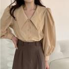 Puff-sleeve Shirt / High-waist Midi A-line Skirt
