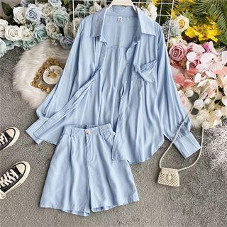 Set: Pocket-front Long-sleeve Shirt + Shorts