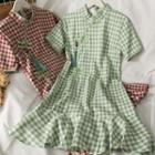 Checker Frog-button Ruffled Midi Dress