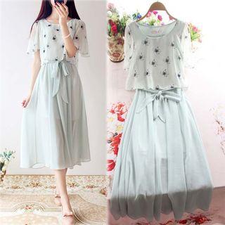 Short-sleeve Chiffon Mock Two Piece Midi Dress