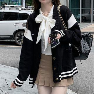 Striped Cardigan / Ribbon Blouse / Pleated Mini A-line Skirt
