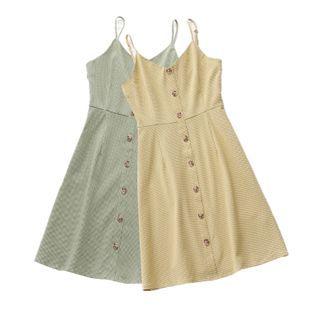 Spaghetti Strap Plaid Button Mini A-line Dress