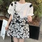 Short-sleeve Mock Two-piece Panda Print Mini Dress Black & White - One Size