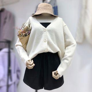 V-neck Cardigan / Faux Leather Shorts / Set