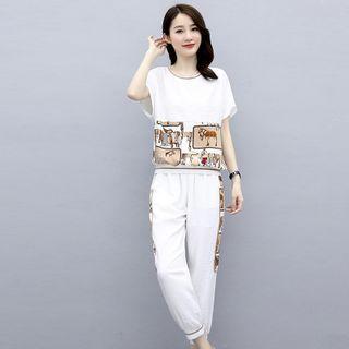 Set: Short-sleeve Horse Print Blouse + Harem Pants