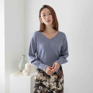 V-neck Bishop-sleeve Rib-knit Top