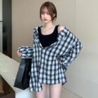 Long-sleeve Plaid Mock Two-piece Loose-fit Shirt Black - One Size