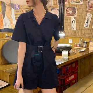 Short-sleeve Wide-leg Cargo Romper Dark Blue - One Size