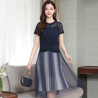Set: Spaghetti-strap Pleated A-line Dress + Short Sleeve Mesh Top
