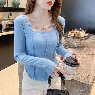 Square-neck Chained Ribbed Knit Top