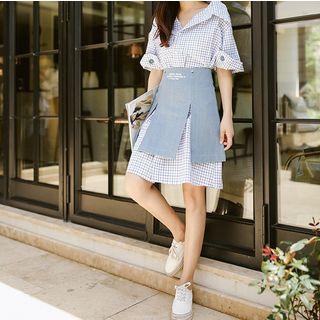 Set: Short-sleeve Plaid Shirtdress + Slit A-line Skirt