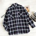 Color-block Plaid Single-breasted Long-sleeve Top Black - One Size