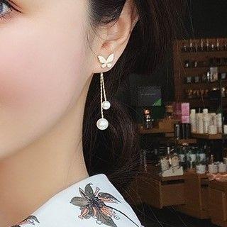 Butterfly Rhinestone Faux Pearl Fringed Earring 1 Pair - Gold & White - One Size