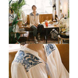 Tasseled Embroidered Peasant Blouse One Size