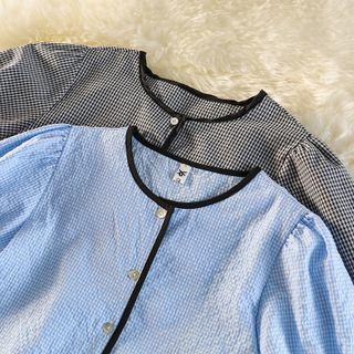 Short-sleeve Contrast-trim Plaid Button-up Top