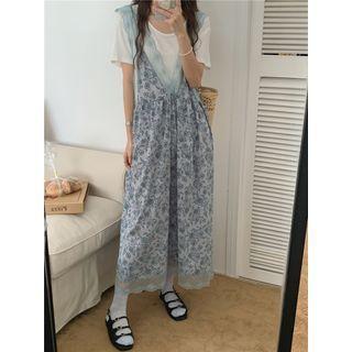 Sleeveless Floral Midi Overall Dress Blue - One Size