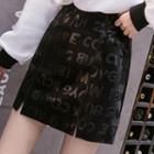 Lettering Print Faux Leather Mini A-line Skirt