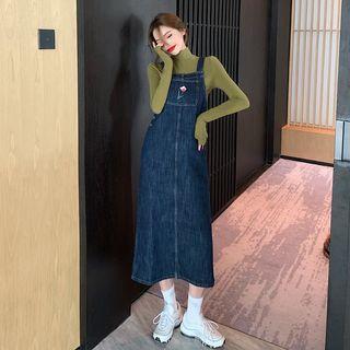 Mock-neck Plain Top / Denim Dress / Plaid Loose-fit Blazer