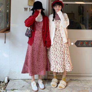 Plain Cardigan / Floral Print A-line Midi Corduroy Pinafore Dress