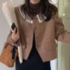 Contrast Pleated Collar Panel Woolen Cropped Jacket Coffee - One Size