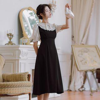 Puff-sleeve Ruffled Two-tone Midi A-line Dress