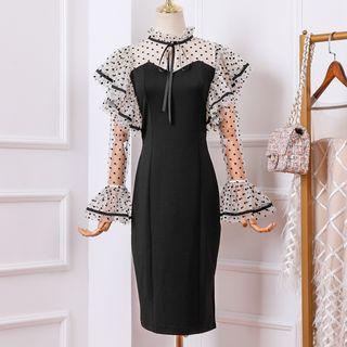 Bell-sleeve Dotted Mesh Midi Sheath Dress
